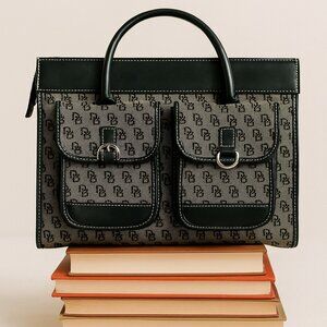 Dooney & Bourke Leather Canvas Tote Handbag H300C B1 Black Gray Double Pocket